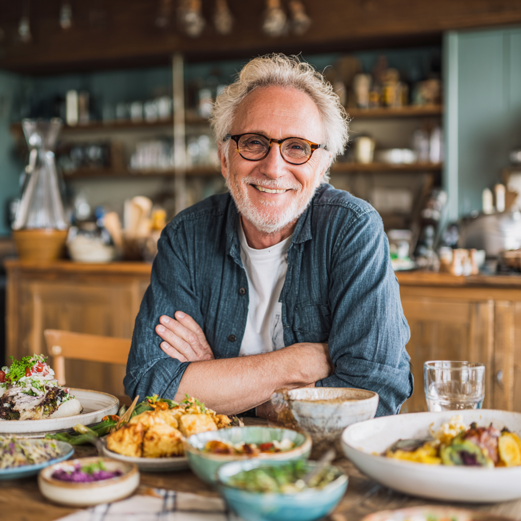 Чоловік 52 років з окулярами та легкою сединою в волоссі сидить за столом з різноманітними корисними стравами, посміхаючись та демонструючи задоволення від їжі