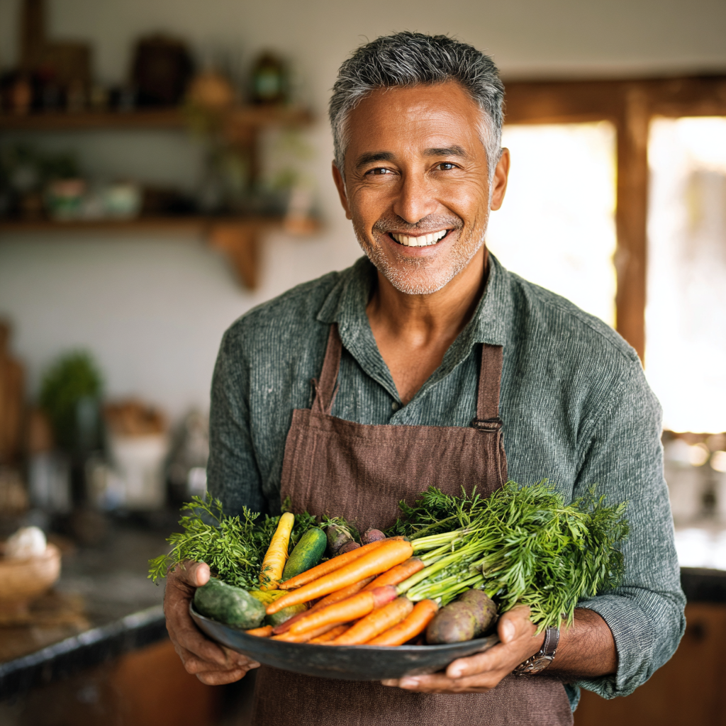 Чоловік 55 років з сивими скронями посміхається, тримаючи в руках тарілку зі свіжими овочами та зеленню, на кухні з натуральним освітленням