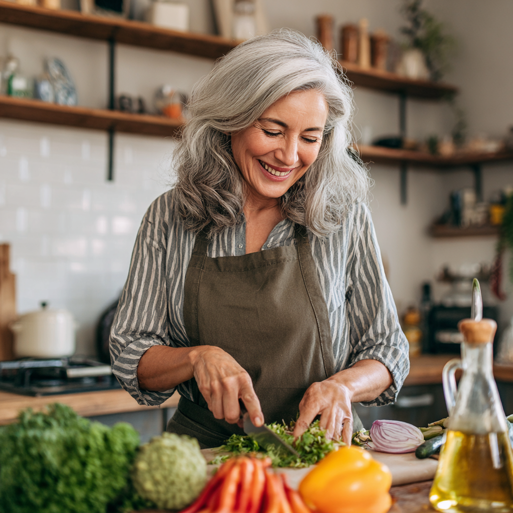 Жінка приблизно 58 років з сивим волоссям усміхається, готуючи салат з свіжих овочів на світлій кухні, демонструючи здоровий спосіб життя
